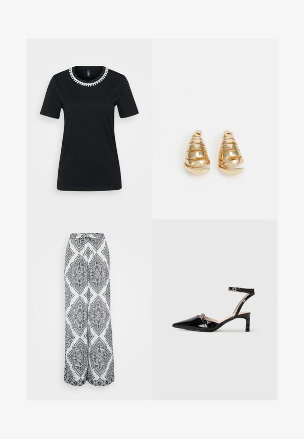 T-shirt noir à manches courtes avec un col décoratif en perles. Fait en tissu doux, avec une coupe standard et un ourlet arrondi.; Pantalons à jambe large dans un motif géométrique noir et blanc. Dotés d'une taille à cordon, de tissu léger et d'une silhouette fluide.; Talons slingback en cuir verni noir avec un bout pointu, une bride au niveau de la cheville et un petit talon, présentant des détails de sangle subtils.; Boucles d'oreilles dorées en forme de cônes allongés avec des détails en spirale. Surface lisse et finition réfléchissante, dotée d'accents incurvés.