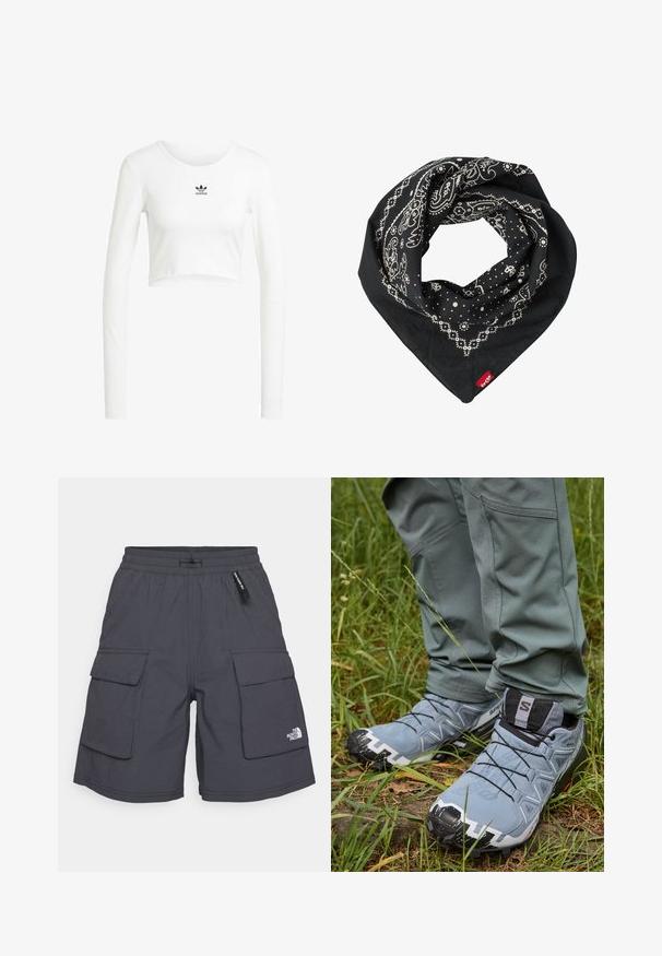 Chemise blanche à manches longues raccourcie en coton côtelé. Dotée d'un col rond et d'un petit logo Adidas noir sur la poitrine.; Shorts cargo gris avec une taille à cordon, deux poches latérales et deux poches à rabat. Présente un petit logo blanc en bas à gauche.; Baskets de trail grises avec une tige texturée, des lacets noirs et une semelle robuste, associées à un pantalon vert ajusté sur un terrain herbeux.; Levi's® PAISLEY BANDANA UNISEX - Foulard - regular black