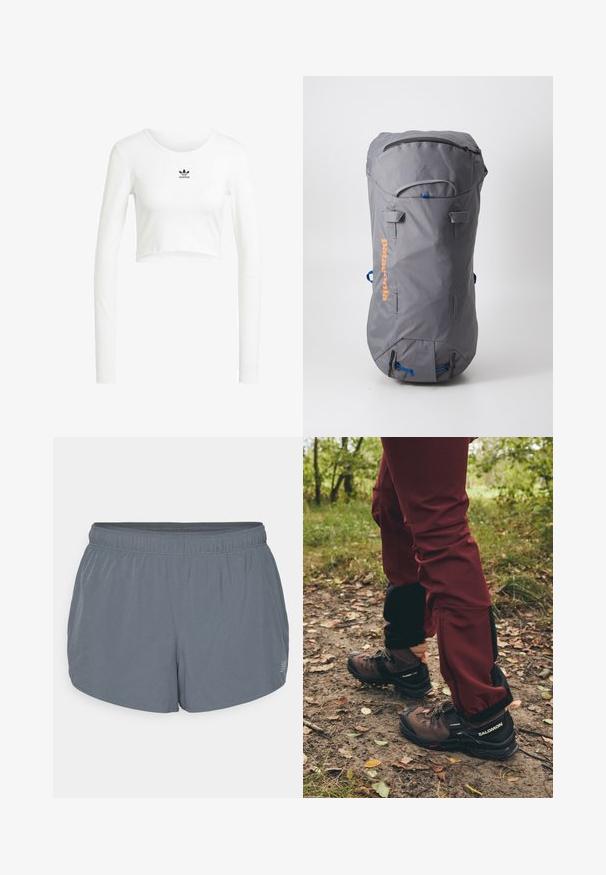 Witte, korte lange mouw shirt van ribstof katoen. Heeft een ronde hals en een klein zwart Adidas-logo op de borst.; Grijze sportshorts met een zachte textuur, elastische tailleband en een licht gebogen zoom. Bevat kleine perforaties voor ademend vermogen.; Bruine wandelschoenen met zwarte accenten en robuuste zolen, gecombineerd met bordeauxrode waterdichte broek met zwarte zijpanelen en ritsen.; Grijze rugzak met een cilindervorm, gemaakt van stof. Beschikt over een rits aan de bovenkant, blauwe accenten en een oranje logo. Inclusief verstelbare schouderbanden.