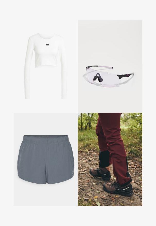 Camisa blanca recortada de manga larga hecha de algodón acanalado. Presenta un cuello redondo y un pequeño logo negro de Adidas en el pecho.; Pantalones cortos deportivos grises con una textura suave, cintura elástica y un dobladillo ligeramente curvado. Presenta pequeñas perforaciones para una mayor transpirabilidad.; Botas de senderismo marrones con acentos negros y suelas resistentes, combinadas con pantalones impermeables burdeos que tienen paneles laterales y cremalleras negras.; Gafas de sol deportivas con un diseño duradero en negro y rosa, que presentan una forma sin montura y lentes claros, ligeramente tintados. Incluyen detalles de goma.