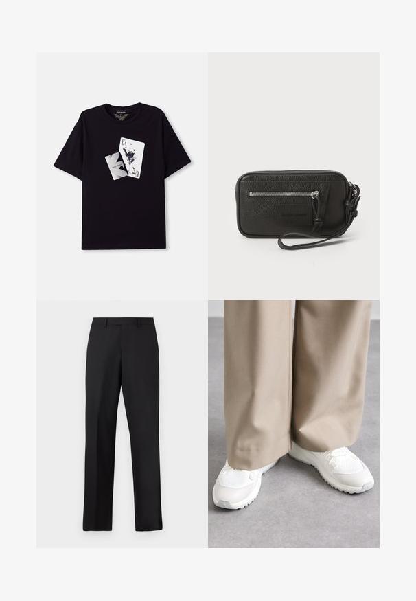 Camiseta negra de algodón con un estampado gráfico de cartas de juego y una ilustración en la parte delantera, cuello redondo y mangas cortas.; Pantalones negros de pierna recta hechos de tela suave. Cuentan con una pretina estándar y no tienen patrones ni detalles visibles.; Zapatillas blancas con secciones de malla y lisas, con una suela texturizada, combinadas con pantalones de pierna ancha beige. Cordones y acentos visibles.; Clutch de cuero negro con superficie texturizada, bolsillo delantero con cremallera y correa de muñeca desmontable. Presenta una etiqueta de logo en el frontal. Forma rectangular.