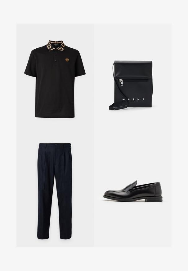 Černé polo tričko s vzorovaným béžovým límcem, s označením zlatého lva na hrudi a s třemi knoflíky.; The Kooples PANTALON - Kalhoty - dark navy; Černé kožené polobotky s hladkou texturou, zaoblenou špičkou a zdobným páskem přes nárt. Nízký stohovaný podpatek, minimalistický design.; Černá kožená kabelka přes rameno s přední zipovou kapsou, embosovaným logem a nastavitelným popruhem. Hladký povrch s pevnou strukturou.