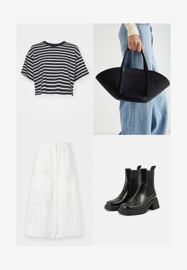 Prúžkované skrátené tričko v námorníckej modrej a bielej farbe. Krátke rukávy, okrúhly výstrih, mäkká tkanina s horizontálnymi pruhmi a voľný strih.; Biela sukňa na gombíky vyrobená z ľahkého materiálu, s čipkovým lemovaním a vyšívanými vzormi na spodnej a strednej časti.; Čierne kožené Chelsea čižmy s robustným podpätkom, elastickými bočnými panelmi a kontrastným bielym prešívaním. Textúrovaný povrch.; Čierna kožená kabelka s jedinečným tvarom ventilátora, so plochými držadlami. Povrch má štruktúru s brúseným efektom a minimalistic design.