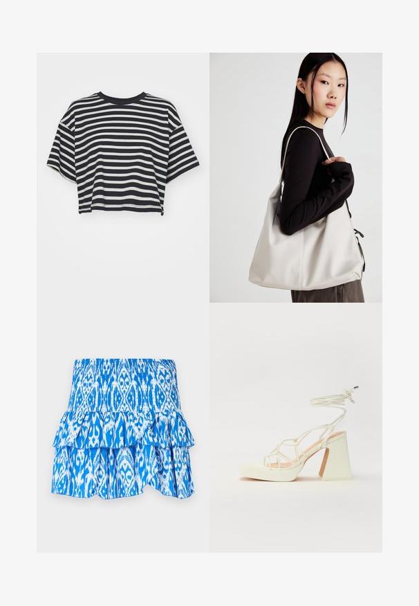 Rööbastega lühikeste varrukatega navy ja valge lühike t-särk. Ümar kaelus, pehme kangas horisontaalsete triipudega ja lõdva lõikega.; Sinine ja valge mustriga seelik, millel on smockitud vöökoht, kihiline volangiga ääreosa ja kerge kangas. Omab ikat-stiilis disaini.; Valged kõrge kontsaga sandaalid, millel on paks konts ja rihmadega disain koos pahkluu sidumisega. Sile tekstuur ja platvorm ees, et lisada kõrgust.; Bež käekott pehme materjali, millel on lõtv disain, õmblustega detailid ja kaks õlarihma. Sobib igapäevaseks kasutamiseks.