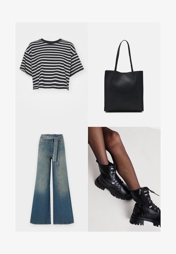 Stripet cropped t-skjorte i marineblått og hvitt. Korte ermer, rund utringning, mykt stoff med horisontale striper og en avslappet passform.; Bredde ben jeans med en lyseblå til mørkeblå gradient, høyt liv, beltehemper og et matchende belte i samme stoff. Teksturert denimoverflate.; Even&Odd Wide Fit Snørestøvletter - black; Svart lær tote bag med glatt tekstur, rektangulær form og to lange håndtak. Ingen synlige deler eller dekorasjoner.