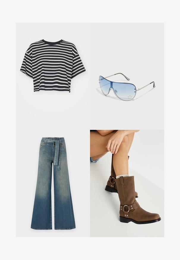 Pruhované zkrácené tričko v námořnické modré a bílé barvě. Krátké rukávy, kulatý výstřih, měkká tkanina s vodorovnými pruhy a uvolněný střih.; Džínové kalhoty širokého střihu s přechodem od světlé k tmavě modré, vysokým pasem, poutky na opasek a odpovídajícím opaskem ze stejného materiálu. Texturovaná džínovina.; ONLY SHOES ONLBAX - Kovbojské/motorkářské kozačky - brown; Pilotské sluneční brýle s modrými gradientními skly, stříbrným kovovým rámem a dekorativními hvězdnými akcenty na sklech. Hladký a elegantní design.