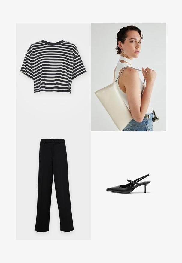 Tricou scurt cu dungi în nuanțe de bleumarin și alb. Mâneci scurte, guler rotund, material moale cu dungi orizontale și o croială lejeră.; Pantaloni negri cu croi larg, dintr-un material neted, având un talie clasică cu închidere prin buton și plisuri frontale.; Cizme negre din piele, cu toc slingback, vârf ascuțit, curea subțire ajustabilă și toc stiletto de aproximativ 5 cm, textură netedă.; Geantă de clutch rectangulară albă, realizată dintr-un material lucios, având o curea de lanț argintie. Modelul pozează, evidențiind geanta pe un fundal simplu.