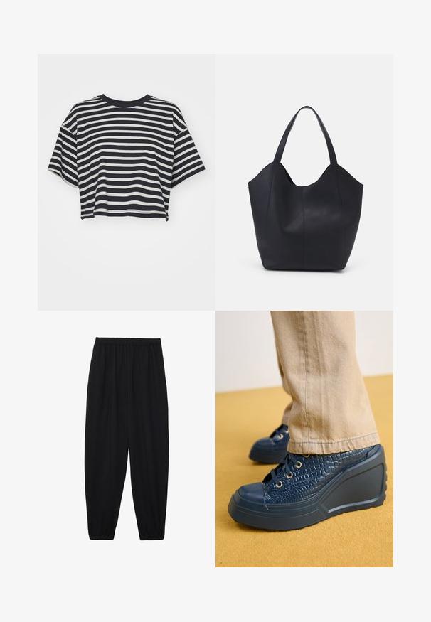 T-shirt cropped à rayures en bleu marine et blanc. Manches courtes, encolure ronde, tissu doux avec des rayures horizontales et une coupe décontractée.; Pantalons noirs légers avec une taille élastique et des chevilles froncées. Le tissu est lisse et présente un design décontracté et fuselé.; Bottines compensées navy en matériau texturé à motif crocodile, avec des œillets dorés et un capuchon de protection en caoutchouc, associées à un pantalon en tissu beige.; Sac fourre-tout noir en cuir lisse, doté d'un haut ouvert et courbé avec deux brides d'épaule et un design minimaliste.