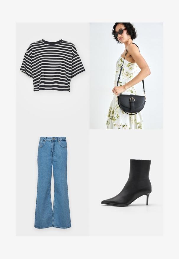 Gestreiftes, kurz geschnittenes T-Shirt in Marineblau und Weiß. Kurze Ärmel, runder Ausschnitt, weicher Stoff mit horizontalen Streifen und lässiger Passform.; Helle blaue Schlagjeans aus Denim, mit hoher Taille, fünf Taschen und einem einzelnen Knopfverschluss. Weiche Textur mit ausgeblichener Optik.; Schwarze Leder-Ankle-Boots mit spitzer Zehenform und schmalem, mittelhohem Stiletto-Absatz, vor einem schlichten weißen Hintergrund.; Schwarze Lederhandtasche mit geschwungener Form, abnehmbarem Tragegurt und goldenen Beschlägen. Die Tasche verfügt über einen Deckel mit einer Schnallen-Details.