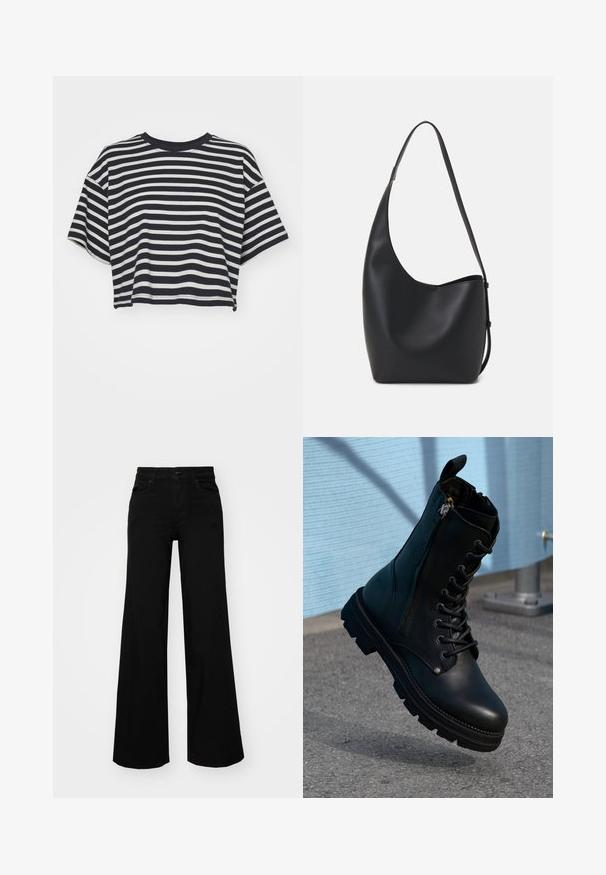 Pruhované zkrácené tričko v námořnické modré a bílé barvě. Krátké rukávy, kulatý výstřih, měkká tkanina s vodorovnými pruhy a uvolněný střih.; Černé široké kalhoty vyrobené z denimu, s pevným pasem, poutky na opasek a předními kapsami. Hladká textura s klasickým designem.; Černé kožené kotníkové boty s tkaničkovým designem, bočním zipem, texturovaným povrchem a robustní podrážkou s výrazným vzorem.; Černá kožená hobo taška s hladkým povrchem, zakřiveným tvarem a jedním nastavitelným popruhem; má široké otevírání nahoře.
