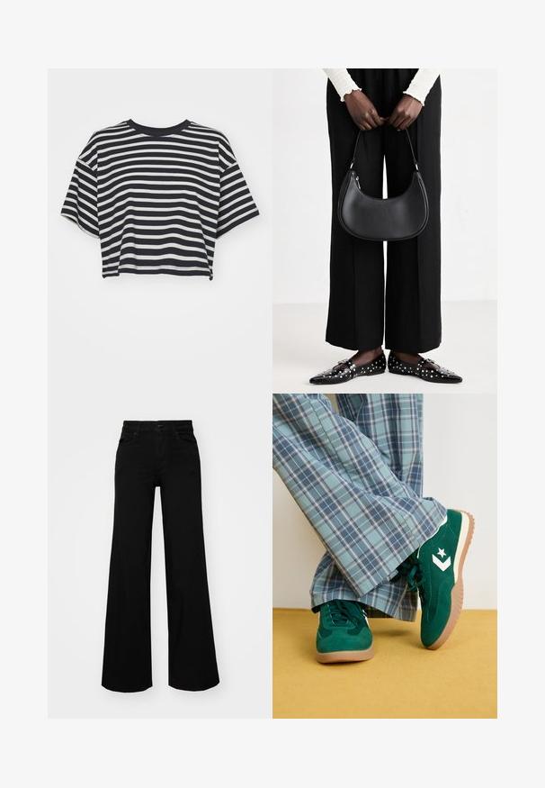 Rööbastega lühikeste varrukatega navy ja valge lühike t-särk. Ümar kaelus, pehme kangas horisontaalsete triipudega ja lõdva lõikega.; Mustad mustad püksid, mis on valmistatud denimist, struktuurse vöökohtade, vöökootidega ja esikottidega. Sile tekstuur klassikalise disainiga.; Roheline siidist märkamisega valgete aktsentidega ja tähelogoga spordijalatsid, mis on kombineeritud laia säärega sinistest ruudulistes pükstest, on asetatud kollastele põrandatele.; Must kastmeest räbal nahast õlakott, ümar kuju, läikiv viimistlus ja hõbedased detailid. Inimene kannab musti laiu pükse ja studidega mokasíne.