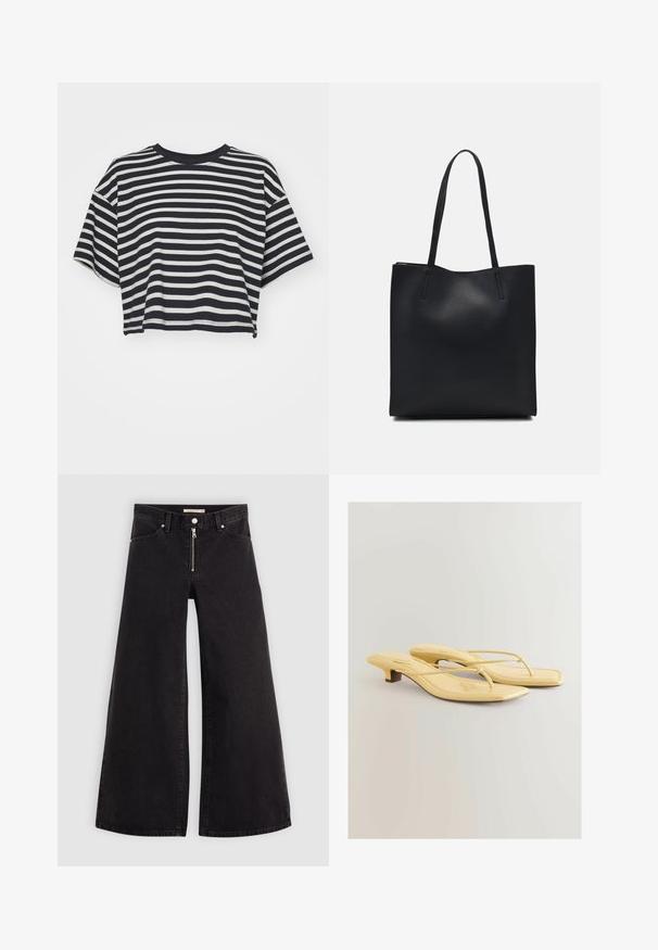 Tricou scurt cu dungi în nuanțe de bleumarin și alb. Mâneci scurte, guler rotund, material moale cu dungi orizontale și o croială lejeră.; Jeans cu picioare largi din denim negru, cu fermoar în față, design cu cinci buzunare și detalii subtile de cusătură. Textură netedă și stil casual.; Flip-flops cu toc din piele patent galbenă, cu vârf ascuțit, curele subțiri și un toc mic tip bloc. Textura este netedă, cu accente de cusătură.; Geantă tote neagră din piele, cu textură netedă, formă rectangulară și două mânere lungi. Fără hardware vizibil sau ornamente.