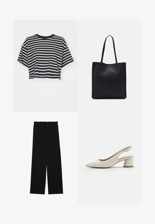 T-shirt cropped à rayures en bleu marine et blanc. Manches courtes, encolure ronde, tissu doux avec des rayures horizontales et une coupe décontractée.; Pantalons larges noirs à taille volante, dotés de deux poches latérales et d'un tissu lisse et léger. Pas de motifs ni de matériel visible.; Bottines blanches en cuir avec un bout pointu, un talon bloc de hauteur moyenne et une sangle ajustable. Texture lisse ; design minimaliste.; Sac fourre-tout en cuir noir avec une texture lisse, de forme rectangulaire et deux longues poignées. Pas de matériel ou d'ornementations visibles.