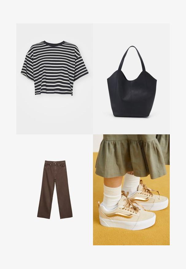 Pruhované zkrácené tričko v námořnické modré a bílé barvě. Krátké rukávy, kulatý výstřih, měkká tkanina s vodorovnými pruhy a uvolněný střih.; Hnědé džíny s širokými nohavicemi vyrobené z denimu, s vysokým pasem, předními kapsami a klasickým zapínáním na knoflík. Hladká textura s jemným švem.; Vans KNU STACK - Skateboardové boty - high shine gold; Černá taška přes rameno vyrobená z hladké kůže, s zakřiveným, otevřeným vrchem a dvěma ramenními popruhy, s minimalistickým designem.