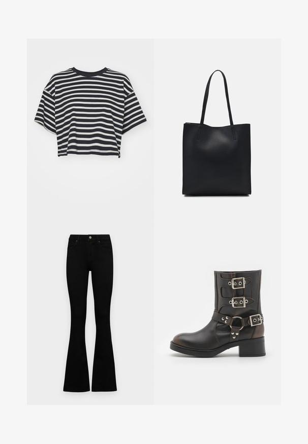 Tricou scurt cu dungi în nuanțe de bleumarin și alb. Mâneci scurte, guler rotund, material moale cu dungi orizontale și o croială lejeră.; Jeans negri cu talie înaltă, cu închidere prin nasture și fermoar, buzunare frontale și picioare evazate, așezați pe un fundal alb.; Botine negre din piele cu gleznă, dotate cu trei catarame argintii reglabile, o curea de accent circulară și un toc joș. Textură netedă și vârf rotund.; Geantă tote neagră din piele, cu textură netedă, formă rectangulară și două mânere lungi. Fără hardware vizibil sau ornamente.
