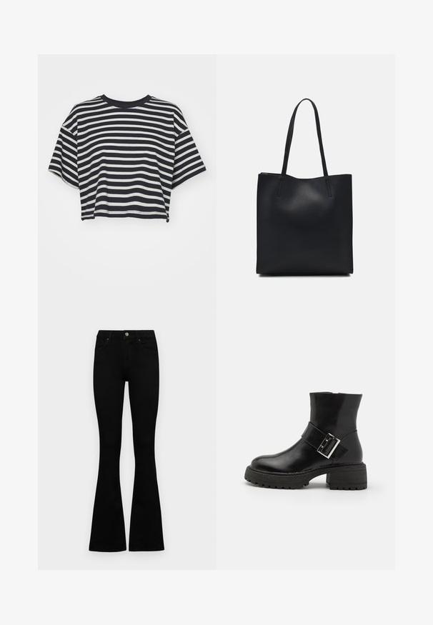Stripet cropped t-skjorte i marineblått og hvitt. Korte ermer, rund utringning, mykt stoff med horisontale striper og en avslappet passform.; Sorte høytlivsjeans med knapp og glidelås, frontlommer og utsvingte bein liggende flatt på en hvit bakgrunn.; Sorte ankelstøvler i svart skinn med blokkhæl, featuring dekorativ stropp og spenne, teksturert yttersåle og glatt finish.; Svart lær tote bag med glatt tekstur, rektangulær form og to lange håndtak. Ingen synlige deler eller dekorasjoner.