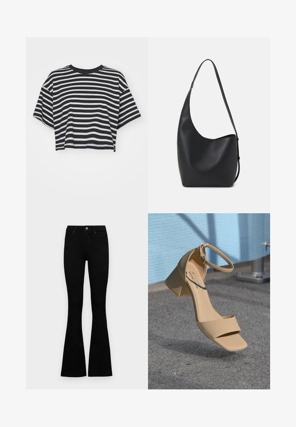 Stripet cropped t-skjorte i marineblått og hvitt. Korte ermer, rund utringning, mykt stoff med horisontale striper og en avslappet passform.; Sorte høytlivsjeans med knapp og glidelås, frontlommer og utsvingte bein liggende flatt på en hvit bakgrunn.; Beige blokkhelede sandaler med firkantet tå, minimalisterapper og ankelspenne. Glatt, matt materiale mot en grå overflate.; Svart lær hobo-veske med glatt tekstur, buet form og enkelt justerbart stropp; har en bred åpning på toppen.