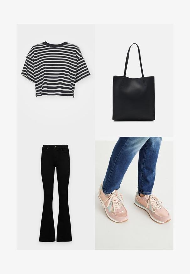 Rööbastega lühikeste varrukatega navy ja valge lühike t-särk. Ümar kaelus, pehme kangas horisontaalsete triipudega ja lõdva lõikega.; Mustad kõrge vöökohtadega teksad, millel on nööp ja lukuga sulgemine, esikäe taskud ja laienevad sääred, asetatud tasasele valgele taustale.; Roosa spordijalanõud, mis on valmistatud sametist ja nahast, kergelt siniste aktsentidega, ümarate varvaste ja valgete kummitaldadega. Paelad on beeži värvi.; Mustast nahast kott sujuva tekstuuriga, ristkülikukujuline ja kahe pika sangaga. Pole nähtavat riistvara ega kaunistusi.