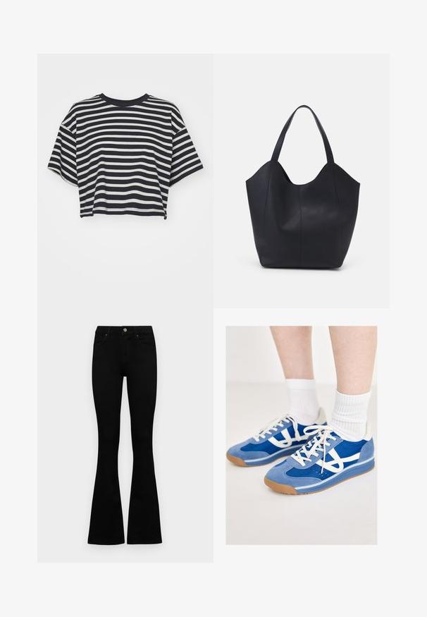 Striped cropped t-shirt in navy and white. Short sleeves, round neckline, soft fabric with horizontal stripes and a relaxed fit.; Black high-waist jeans with a button and zip closure, front pockets, and flared legs laid flat on a white background.; Blue athletic shoes with suede and mesh upper, white accents, flat laces, and gum rubber soles, paired with white ribbed socks.; Black tote bag made of smooth leather, featuring a curved, open top with two shoulder straps and a minimalist design.