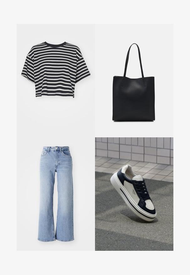 Striped cropped t-shirt in navy and white. Short sleeves, round neckline, soft fabric with horizontal stripes and a relaxed fit.; Light blue high-waist wide-leg jeans with front and back pockets, button closure, and subtle fading on the thighs and hems.; White and navy leather sneakers with perforated toe, laces, and a textured rubber sole, featuring branding on the side.; Black leather tote bag with smooth texture, rectangular shape, and two long handles. No visible hardware or embellishments.