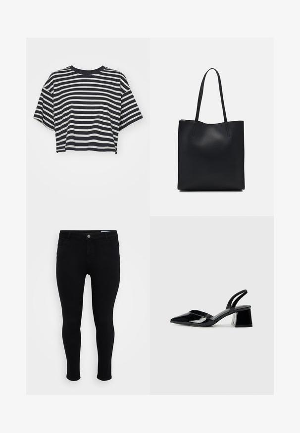 Striped cropped t-shirt in navy and white. Short sleeves, round neckline, soft fabric with horizontal stripes and a relaxed fit.; Black, skinny-fit jeans made from denim. Features a button closure, five-pocket design, and a smooth, textured surface.; Black patent leather slingback heels with a pointed toe and a geometric block heel. Features a sleek, minimal design and smooth texture.; Black leather tote bag with smooth texture, rectangular shape, and two long handles. No visible hardware or embellishments.