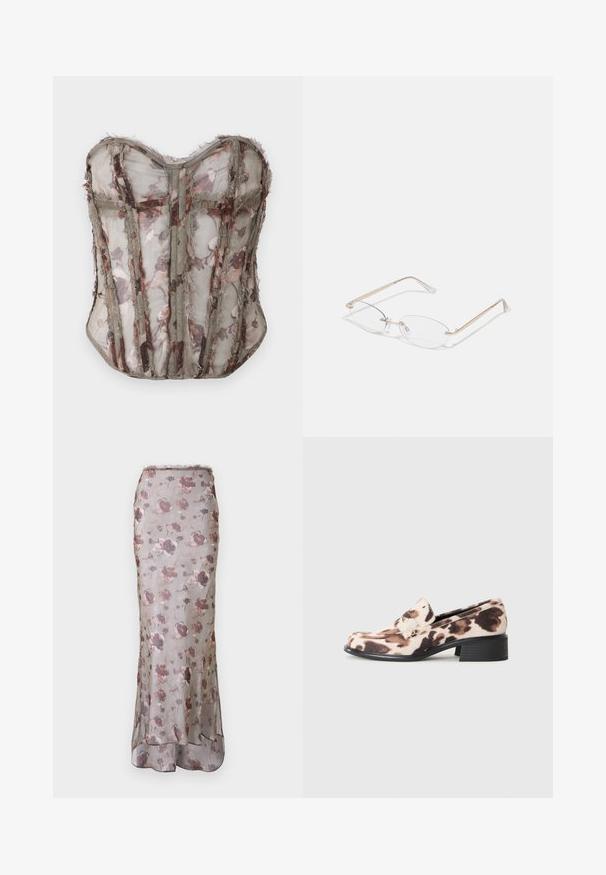 Corsetto trasparente a motivo floreale in oliva attenuato, caratterizzato da pannelli strutturati e bordi grezzi, con scollatura a cuore e cuciture intricate.; Gonna maxi floreale realizzata in tessuto trasparente e leggero. Caratterizzata da una base grigia con motivi rosa e viola e un orlo svasato.; Mocassino a tacco basso con tacco impilato nero, tomaia in tessuto animale beige e marrone, e cinturino decorativo sulla vamp.; Occhiali da vista in metallo dorato con lenti ovali, bracci sottili e nasalini trasparenti. Presentano sottili dettagli sulle cerniere e lenti trasparenti.