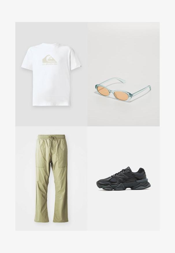 Vit t-shirt med kort ärm i bomull, med en krämfärgad Quiksilver-logotyp på framsidan. Regular fit med rund halsringning.; Olivgröna, lätta cargo-byxor med dragsko i midjan, två framfickor och en avslappnad passform. Slätt bomullstyg, rakt ben design.; Svart löparsko med en kombination av mesh och syntetiska material, kraftig sula, rundad design och framträdande varumärkning på sidan.; Ljusblå solglasögon med ovala bågar och orange tonade linser. Genomskinliga skaft har släta kanter och en lätt kurva.