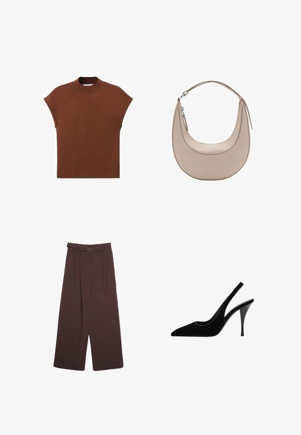 Rjav pulover s kratkimi rokavi in visokim ovratnikom. Narejen iz gladkega, mehkega materiala. Ima sproščen kroj in zaobljene ramenske šive.; Stradivarius WIDE-LEG WITH BUCKLE DETAIL - Hlače - dark brown; Črne žametne slingback pete s koničastim nosom in visokim stiletto peto. Ima odprto stran in gladko teksturo.; Bež usnjena torba za rame v obliki kružnice, z gladko teksturo in eno ukrivljeno zanko. Ima zadrgo in urejen šiv.