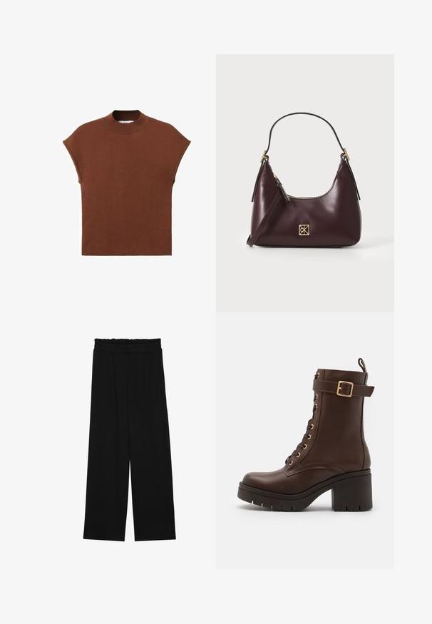 Rjav pulover s kratkimi rokavi in visokim ovratnikom. Narejen iz gladkega, mehkega materiala. Ima sproščen kroj in zaobljene ramenske šive.; Črne široke hlače s nabranim pasom, ki imajo dva stranska žepa in so izdelane iz gladkega, lahkega blaga. Brez vidnih vzorcev ali kovinskega okova.; JOOP! UNICO MARIA ALTO - Gležnjarji z vezalkami - darkbrown; Burgundska kožna torbica s zakrivljenim oblikom, zlatnimi detajli na opremi in zadrgo. Ima odstranljiv naramni trak.