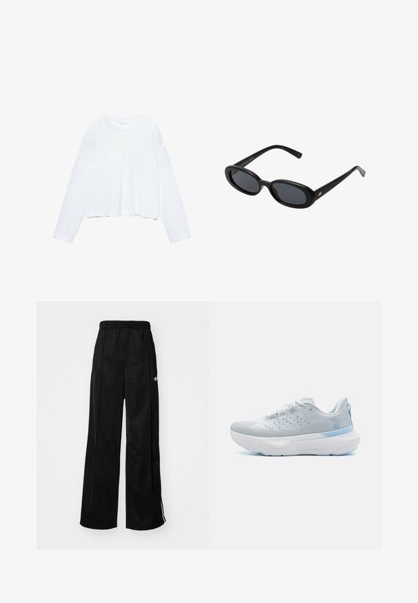 Bílé dlouhé rukávy zkrácené tričko vyrobené z jemné látky, má kulatý výstřih a volný střih s manžetovými rukávy. Jednoduchý a čistý design.; Černé široké sportovní kalhoty s elastickým pasem, na kterých jsou bílé boční pruhy a malé logo na levém boku. Hladká textilie.; Under Armour INFINITE PRO - Silniční běžecké boty - distant gray/halo gray/nimbus blue; Černé oversized sluneční brýle s oválnými čočkami, hladkým plastovým rámem a zlatými akcenty na spáncích. Tmavé čočky poskytují ochranu před sluncem.