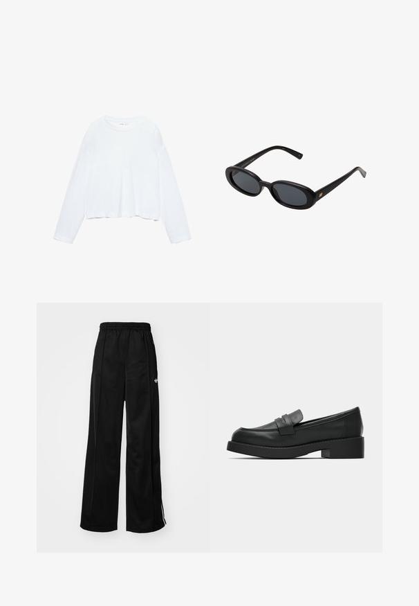 Tricou alb crop cu mânecă lungă, confecționat dintr-un material moale, are guler rotund și un croi lejer cu mâneci cu manșetă. Design simplu și curat.; Pantaloni sport largi negri cu talie elastică, având dungi albe pe laturi și un logo mic pe șoldul stâng. Textură de țesătură netedă.; Mocasiini din piele neagră, cu vârf rotund, talpă plată și detalii cusute pe guler. Design simplu și minimalist.; Ochelari de soare supradimensionați, cu lentile ovale, cadru din plastic neted și accente aurii pe brațe. Lentilele întunecate oferă protecție solară.