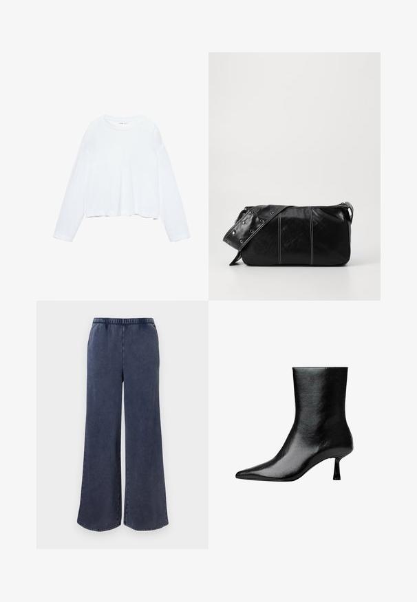 Dolgim rokavom bel cropped majica, izdelana iz mehkega materiala, ima okroglo ovratnico in sproščen kroj z ovratniki na rokavih. Preprost in čist dizajn.; Mornarsko modre široke hlače z elastičnim pasom, ravnega kroja in subtilne teksture, prikazane na enobarvni beli podlagi.; Črne gležnjarje iz sijajnega usnja s koničastim nosom in tankim peto, ki se ponašajo z gladko teksturo in minimalističnim dizajnom.; Črna usnjena torba za ramo z zadrgo, ki ima teksturirano telo, belo šivanje in trak s srebrnimi luknjami.