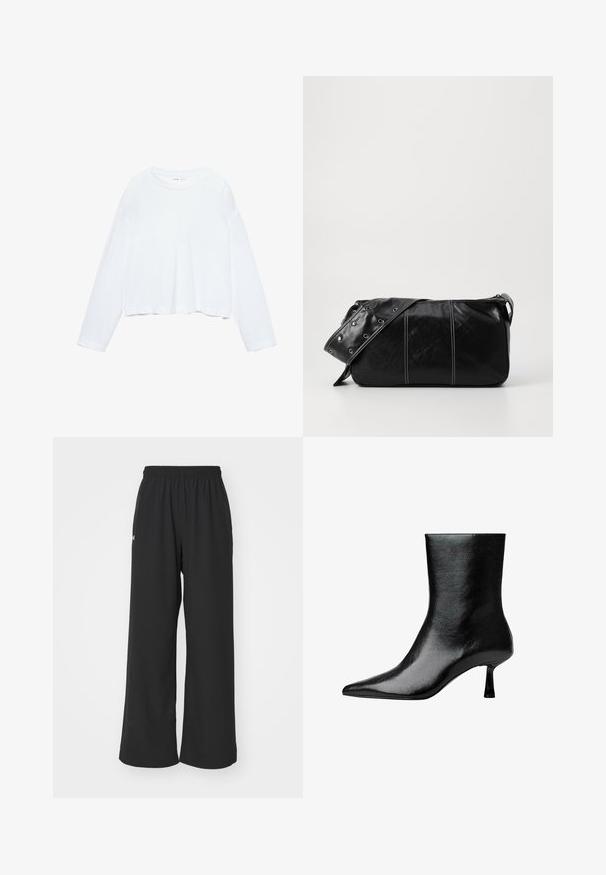 Dugi rukav bijela skraćena majica, napravljena od mekog materijala, ima okrugli izrez i opušteni kroj s rukavima s manžetnom. Jednostavan i čist dizajn.; Crne hlače širokih nogavica s elastičnom završnom trakom, izrađene od glatkog materijala, s minimalnim detaljima i malim logom sa strane.; Crne gležnjače od sjajne kože s šiljastim vrhom i tankom petom, s glatkom teksturom i minimalističkim dizajnom.; Crna kožna torba preko ramena s zatvaranjem na patentni zatvarač, s teksturiranim tijelom, bijelim šavovima i remenom sa srebrnim okovima.