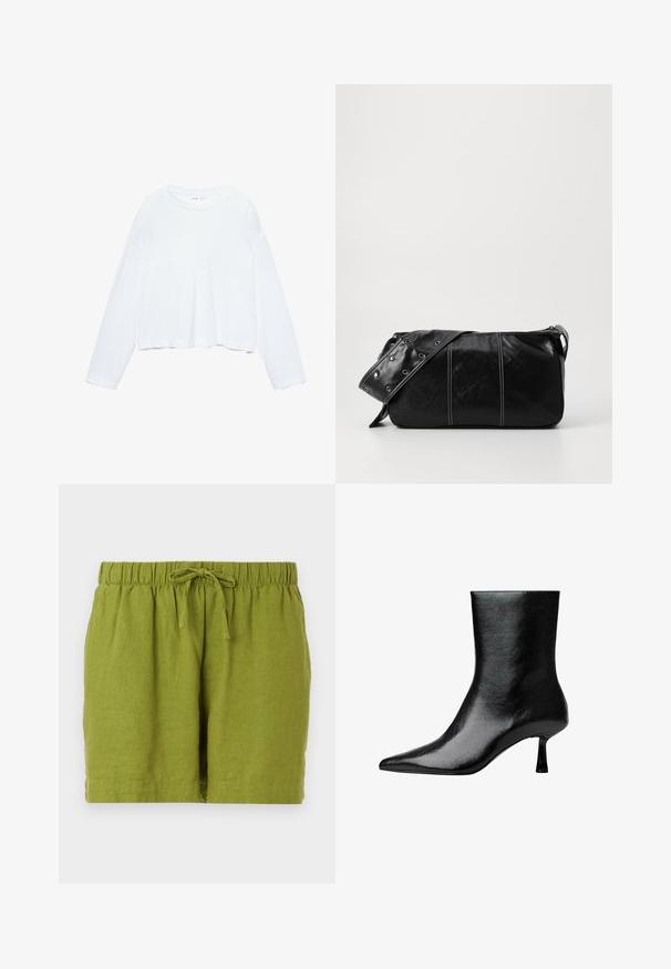 Dolgim rokavom bel cropped majica, izdelana iz mehkega materiala, ima okroglo ovratnico in sproščen kroj z ovratniki na rokavih. Preprost in čist dizajn.; Zelena lanena kratka hlače z elastiko in nastavljivo vrvico, z sproščenim krojem in ravnim robom.; Črne gležnjarje iz sijajnega usnja s koničastim nosom in tankim peto, ki se ponašajo z gladko teksturo in minimalističnim dizajnom.; Črna usnjena torba za ramo z zadrgo, ki ima teksturirano telo, belo šivanje in trak s srebrnimi luknjami.