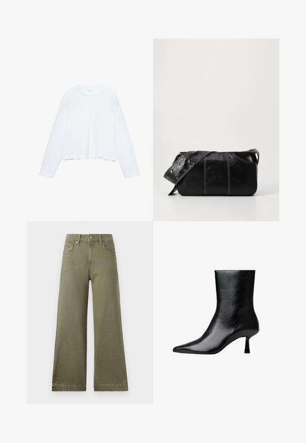 Dolgim rokavom bel cropped majica, izdelana iz mehkega materiala, ima okroglo ovratnico in sproščen kroj z ovratniki na rokavih. Preprost in čist dizajn.; Široke hlače v olivno zeleni, narejene iz mehke, teksturirane tkanine. Imajo zanke za pas, zadrgo s gumbom in sprednje žepe.; Črne gležnjarje iz sijajnega usnja s koničastim nosom in tankim peto, ki se ponašajo z gladko teksturo in minimalističnim dizajnom.; Črna usnjena torba za ramo z zadrgo, ki ima teksturirano telo, belo šivanje in trak s srebrnimi luknjami.