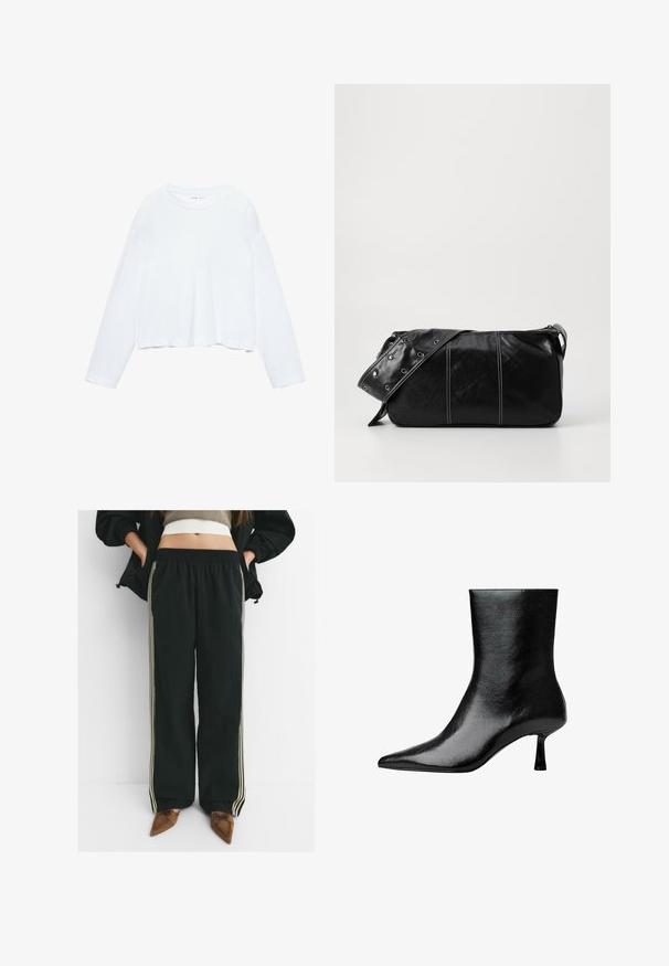 T-shirt cropped bianco a maniche lunghe, realizzato in tessuto morbido, presenta un collo rotondo e una vestibilità rilassata con maniche a giro. Design semplice e pulito.; Pantaloni jogger neri, larghi, con vita elastica e tasche laterali, caratterizzati da strisce a contrasto di un beige chiaro lungo le gambe.; Stivale nero alla caviglia in pelle lucida con punta affusolata e tacco sottile, caratterizzato da una superficie liscia e un design minimalista.; Borsa a spalla in pelle nera con chiusura a zip, caratterizzata da un corpo testurizzato, cuciture bianche e una tracolla con occhielli in argento.