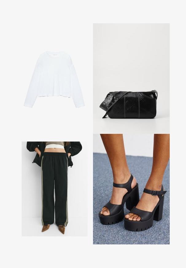 Pitkähihaisessa valkoisessa lyhyessä t-paidassa on pehmeä kangas, pyöreä kaula-aukko ja rento istuvuus tikkauksetulla hihalla. Yksinkertainen ja siisti muotoilu.; Musta, väljä joggers-housut, joissa on joustava vyötärö ja sivutaskut, sekä kontrastiväreinä vaaleanbeigejauhetta pitkin jalkoja.; Mustat korokepohjaiset sandaalit, joissa on teksturoitu päällinen, avoin kärki ja nilkkarengas. Järeä korko ja uritettu pohja paremman pidon takaamiseksi.; Mustakulmainen nahkainen olkalaukku, jossa on vetoketjukiinnitys, teksturoitu pinta, valkoiset ompeleet ja hihna, jossa on hopeiset niitit.