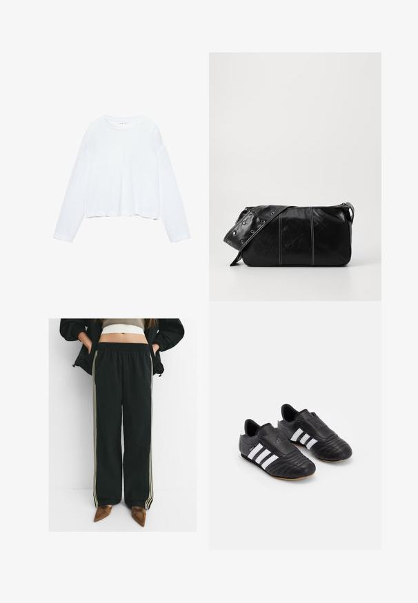 Long-sleeve white cropped t-shirt, made of soft fabric, features a round neck and relaxed fit with cuffed sleeves. Simple and clean design.; Black, loose-fitting joggers with elastic waistband and side pockets, featuring contrasting light beige stripes along the legs.; Black soccer shoes with a textured leather upper, featuring a padded front, three white stripes on the sides, and a gum rubber outsole.; Black leather shoulder bag with a zip closure, featuring a textured body, white stitching, and a strap with silver grommets.