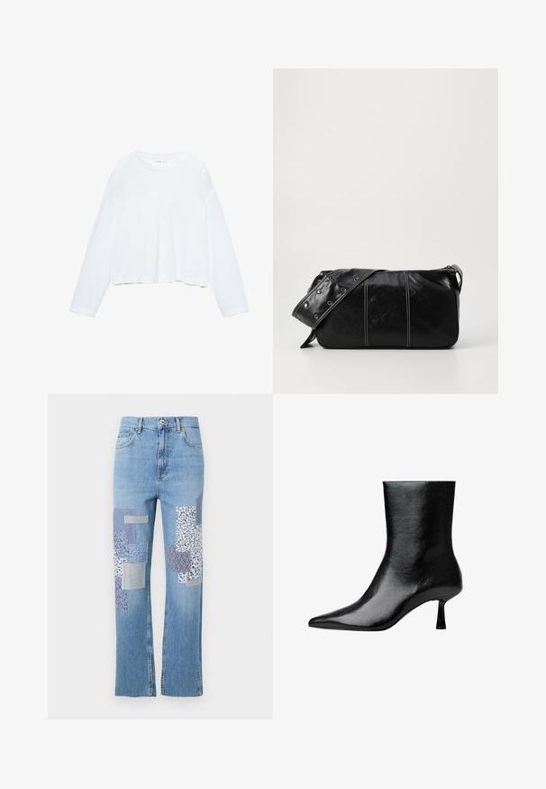 Biele cropped tričko s dlhým rukávom, vyrobené z jemnej látky, má okrúhly výstrih a voľný strih s manžetovými rukávmi. Jednoduchý a čistý dizajn.; Svetlomodré džíny s širokým strihom, na prednej strane s rôznymi vzorovanými látkovými aplikáciami v modrej a bielej farbe.; Čierne členkové topánky vyrobené z lesklej kože s ostrou špičkou a štíhlým podpätkom, s hladkou textúrou a minimalistickým dizajnom.; Čierna kožená kabelka cez plece so zipsovým uzáverom, so štruktúrovaným telom, bielym prešívaním a popruhom so striebornými očkami.