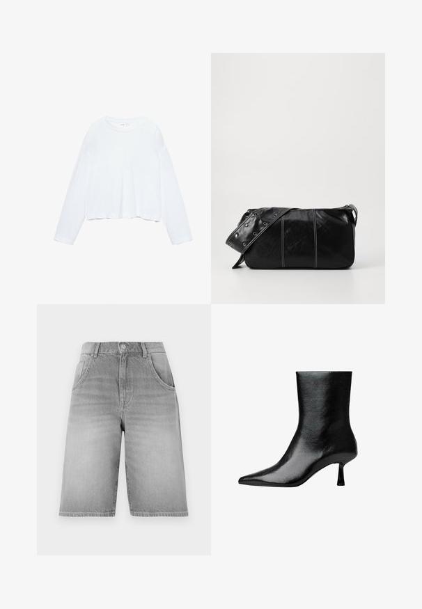 Biele cropped tričko s dlhým rukávom, vyrobené z jemnej látky, má okrúhly výstrih a voľný strih s manžetovými rukávmi. Jednoduchý a čistý dizajn.; Šedé denimové šortky s rovným strihom, s gombíkom a zipsom, dvoma prednými vreckami a vyblednutou textúrou.; Čierna kožená členková čižma s špicatou špičkou, hladkou textúrou a stredne vysokým ihličkovým podpätkom. Elegantný a minimalistický dizajn.; Čierna kožená kabelka cez plece so zipsovým uzáverom, so štruktúrovaným telom, bielym prešívaním a popruhom so striebornými očkami.