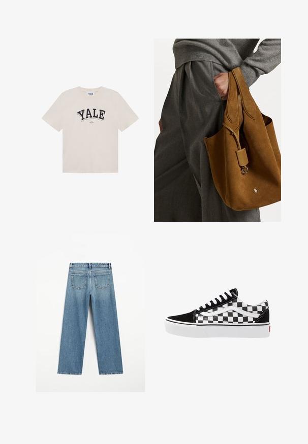 Creme farvet bomulds T-shirt, kortærmede, rund hals, med "YALE" i fede sorte bogstaver henover brystet. Glat tekstur, afslappet pasform.; Lyseblå denimjeans med bred benåbning, der har to baglommer og en frynset kant. Fremstillet af tekstureret bomuldsstof.; Sorte og hvide ternede lærredsnickers med sorte ruskindsdetaljer, hvide snørebånd og gummisål. Logoet på siden har et kontrastdesign.; Brun ruskind totebag med rund form, dobbelte håndtag og metalhardware detaljer. Har et lille logo foran.