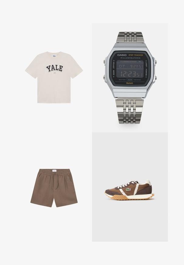 Cremefarbenes Baumwoll-T-Shirt, kurze Ärmeln, Rundkragen, mit "YALE" in fetten schwarzen Buchstaben auf der Vorderseite. Sanfte Textur, lässige Passform.; Braune Leinen-Shorts mit elastischem Bund, Kordelzugverschluss und seitlichen Taschen. Glatte Textur und lässiges Design.; Brauner Sneaker mit weißen Akzenten, aus Wildleder und Textil gefertigt. Verfügt über eine strukturierte Gummisohle und ein Lacoste-Logo an der Seite.; Casio STEP TRACKER UNISEX - Digitaluhr - black