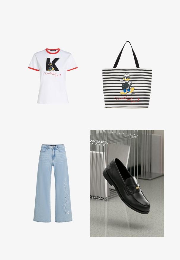 Bijela pamučna majica s crvenim izrezom i rubovima rukava. Sadrži crni 'K' i grafiku Donalda Ducka s potpisom u crvenoj boji.; Svijetloplavi traper hlače širokih nogavica s vezanim tekstom "Donald i Daisy" na lijevoj nogavici. Ima klasičan dizajn s pet džepova i petljama za remen.; Crne kožne mokasine s glatkom završnom obradom, s dekorativnom trakom i malim zlatnim akcentom. Potplat je ravan s zaobljenim vrhom.; Torbica s crno-bijelim prugama, grafika crtanog patka u crnom odijelu i sunčanim naočalama, s potpisom u crvenom tekstu.