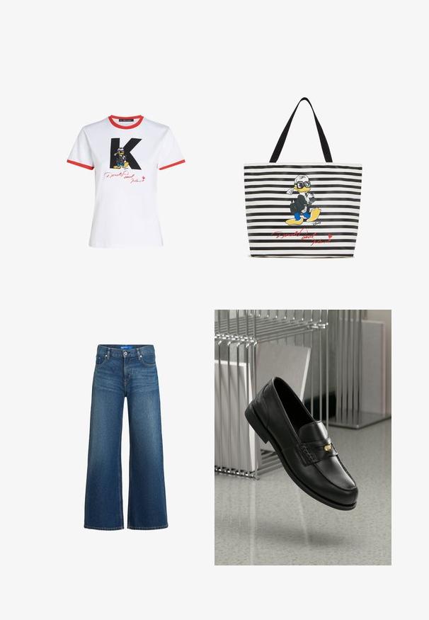 Balta kokvilnas t-kreklu ar sarkanu apkakli un piedurknēm. Satur melnu 'K' un Disneja varoņa Dāvida pīles grafiku ar parakstu sarkānā krāsā.; Tumši zila platām kājām denima bikses ar augstu jostasvietu, pogu aizdari un priekšējām kabatām. Audumam ir gluda tekstūra ar minimālu izbalēšanu.; Melnas ādas loafer kurpes ar gludu apdari, kurām ir dekoratīvs bands un neliela zelta akcenta detaļa. Zole ir plakana ar noapaļotu pirkstu.; Tote soma ar melnbaltiem svītrainiem, grafika ar karikatūras pīlēnu melnā uzvalkā un saulesbrillēs, ar sarkanu teksta parakstu.