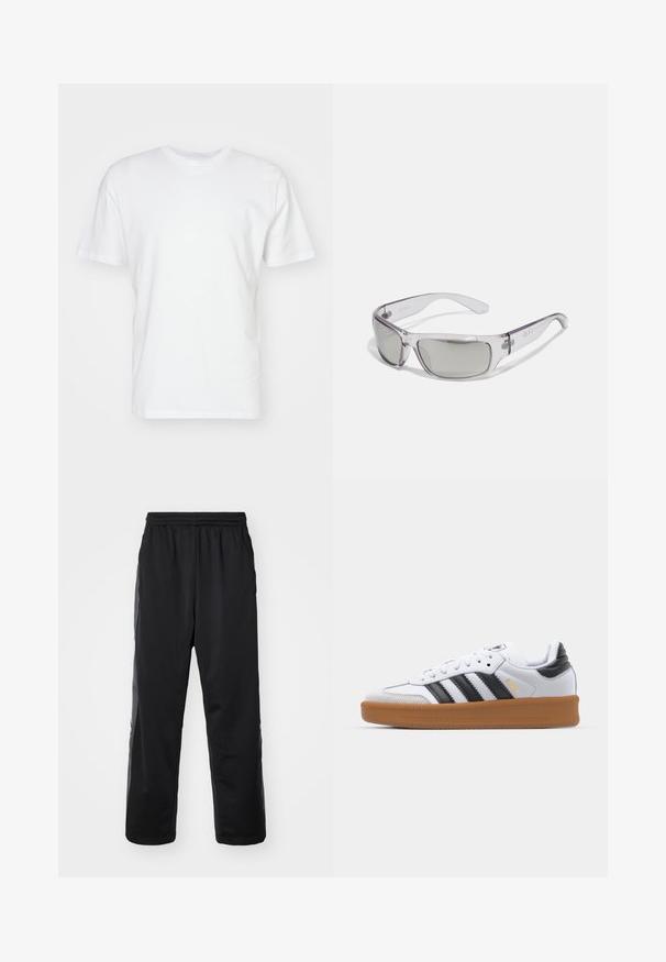 Hvit bomull T-skjorte med korte ermer, rund hals og en jevn tekstur. Enkel design uten mønstre eller grafikk.; Svarte treningsbukser med elastisk midjebånd og sidelommer, ligger flatt mot en hvit bakgrunn.; Hvite sneakers med svarte striper, suedes tåhette og gummisåle. Har snøredesign og merkevare på tungen og siden.; Solsikker med klar plastikkramme, grå linser, innpakning design, og logodetaljer på siden. Glatt tekstur med buede armer.