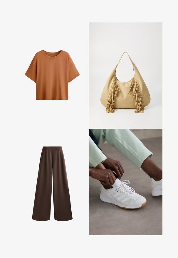 T-paita lyhyillä hihoilla ruskearuskeassa värissä. Valmistettu sileästä kankaasta, jossa on leveä kaula-aukko ja rento leikkaus, sekä siisti helma.; Laadukkaat leveälahkeiset housut tummanruskeassa värissä, joissa on sileä pinta, korkea vyötärö ja laskokset edessä lisäsuunnitteluelementtinä.; Valkoinen urheilukenkä, jossa on verkkomateriaali päällä, kumiulkopohja ja kolme raitaa designissa. Nyörejä säädetään; vaaleanharmaita ja mintunvihreitä vaatteita näkyvissä.; Harmaa mokkanahkainen olkalaukku, jossa on suuri avaus ja pitkät hapsut molemmissa sivuissa. Laukussa on sileä pinta ja yksi kahva.