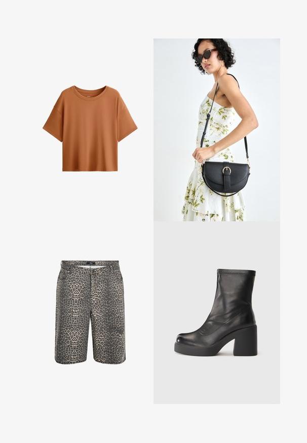 Tričko s krátkym rukávom v boxovom strihu a hrdzavej farbe. Vyrobené z hladkej tkaniny, s širokým výstrihom a uvoľneným strihom, s čistým lemom.; Zizzi Denimové šortky - leopard; Čierna kožená čižma do polovice lýtok s masívnym blokovým opätkom a platformou na jednoduchom bielom pozadí.; Čierna kožená kabelka s zaobleným tvarom, odnímateľným popruhom a zlatými doplnkami. Kabelka má klopu s detailom s prackou.