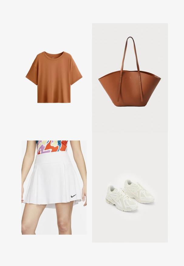 Rövid ujjú, laza fazonú póló rozsdaszínben. Simaságot biztosító szövetből készült, széles nyakkivágással és laza szabással rendelkezik, tiszta alsó szegéllyel.; Fehér pliszírozott szoknya, rugalmas derékkal és kis fekete Nike logóval a jobb alsó szegélyen. Simaságával és elterülő formájával tűnik ki.; Fehér sportcipők hálós és szintetikus anyagokból, fűzős dizájn, párnázott bokarésszel és érdes talppal a tapadás érdekében. Könnyű felépítés.; Barna bőr táska széles, struktúrált formával, vékony fogantyúkkal és texturált felülettel. Minimalista dizájnnal rendelkezik, látható fémrészek nélkül.