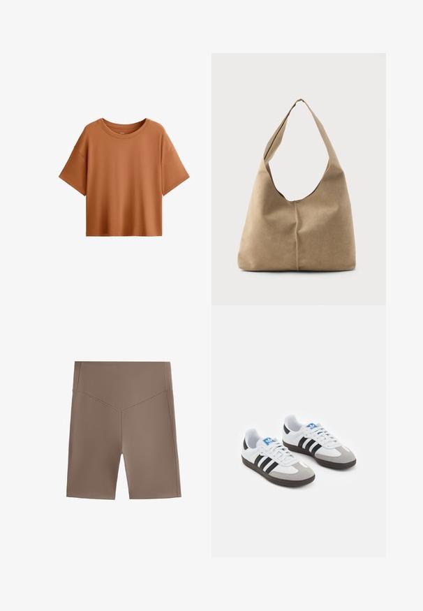 Rövid ujjú, laza fazonú póló rozsdaszínben. Simaságot biztosító szövetből készült, széles nyakkivágással és laza szabással rendelkezik, tiszta alsó szegéllyel.; Barna sportnadrág, testhezálló fazonnal, sima textúrával és derékpánttal. Egyszerű szabású, tiszta szegéllyel.; Fehér bőr felsőrészes sportcipő, szürke velúrból készült orral és három fekete csíkkal. Jellemzője a kék logó a nyelvén és egy texturált gumitalp.; Puha bézs velúr hobo táska laza formával, széles vállpánttal és kézzel varrt varrási részlettel az elején.