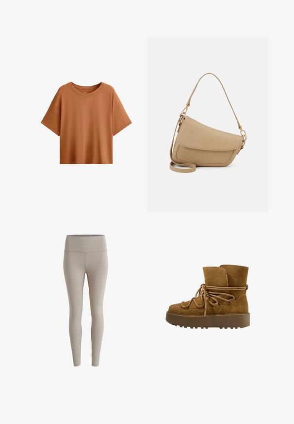 Majica s kratkimi rokavi v kvadratnem kroju v rjavi barvi. Narejena iz gladkega materiala z širokim izrezom in sproščenim krojem, s čistim robom.; Bež leggins s raztegljivim materialom, ki imajo visok pas in gladko teksturo, brez vidnih vzorcev ali dodatkov.; Rjavi zamszasti gležnjarji z debelim, strukturiranim podplatom in vezanjem na sprednji strani. Imajo zložen zgornji del in dekorativne vrvi.; Even&Odd Torbica - beige